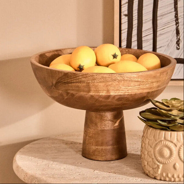 Kara Mango Wood Serving or Fruit Bowl with Pedestal Base