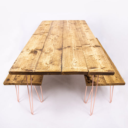 4-8 Seater dining Table Set - Rose Gold Steel Legs & Benches