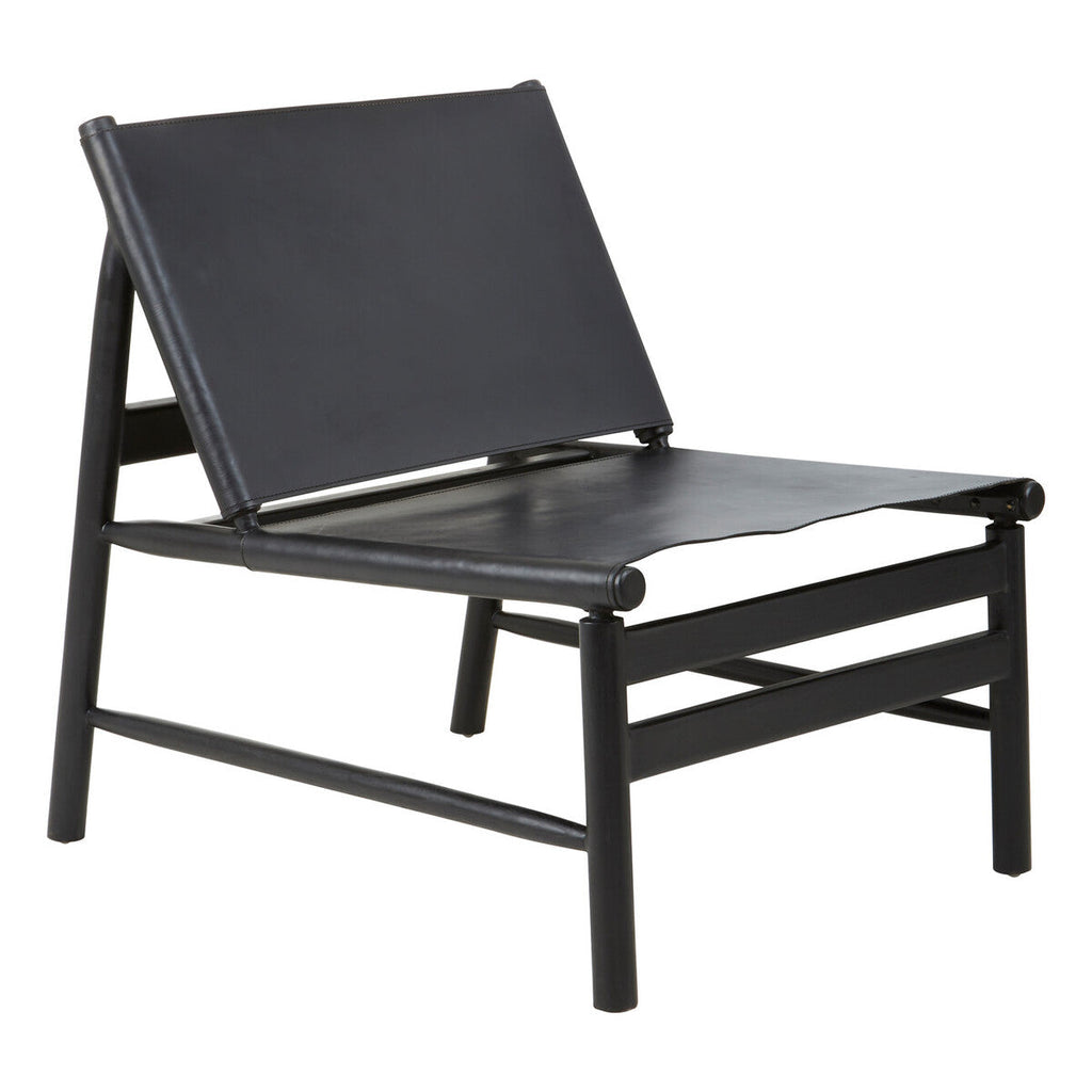 Kendari Black Leather and Teak Modern Sling Chair