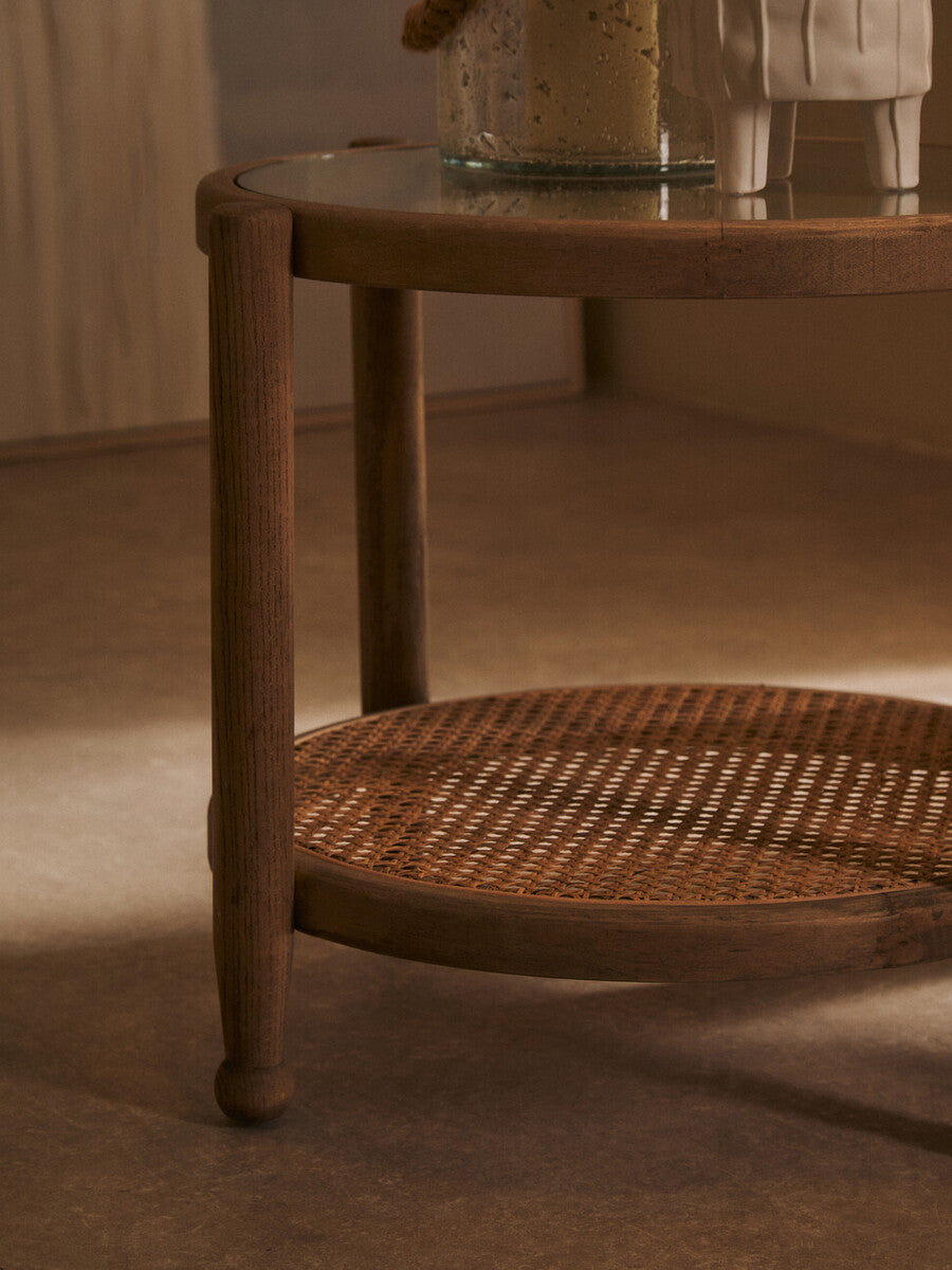 Grey Wash Elm Wood Side Table with Glass Top and Cane Shelf, Cebu