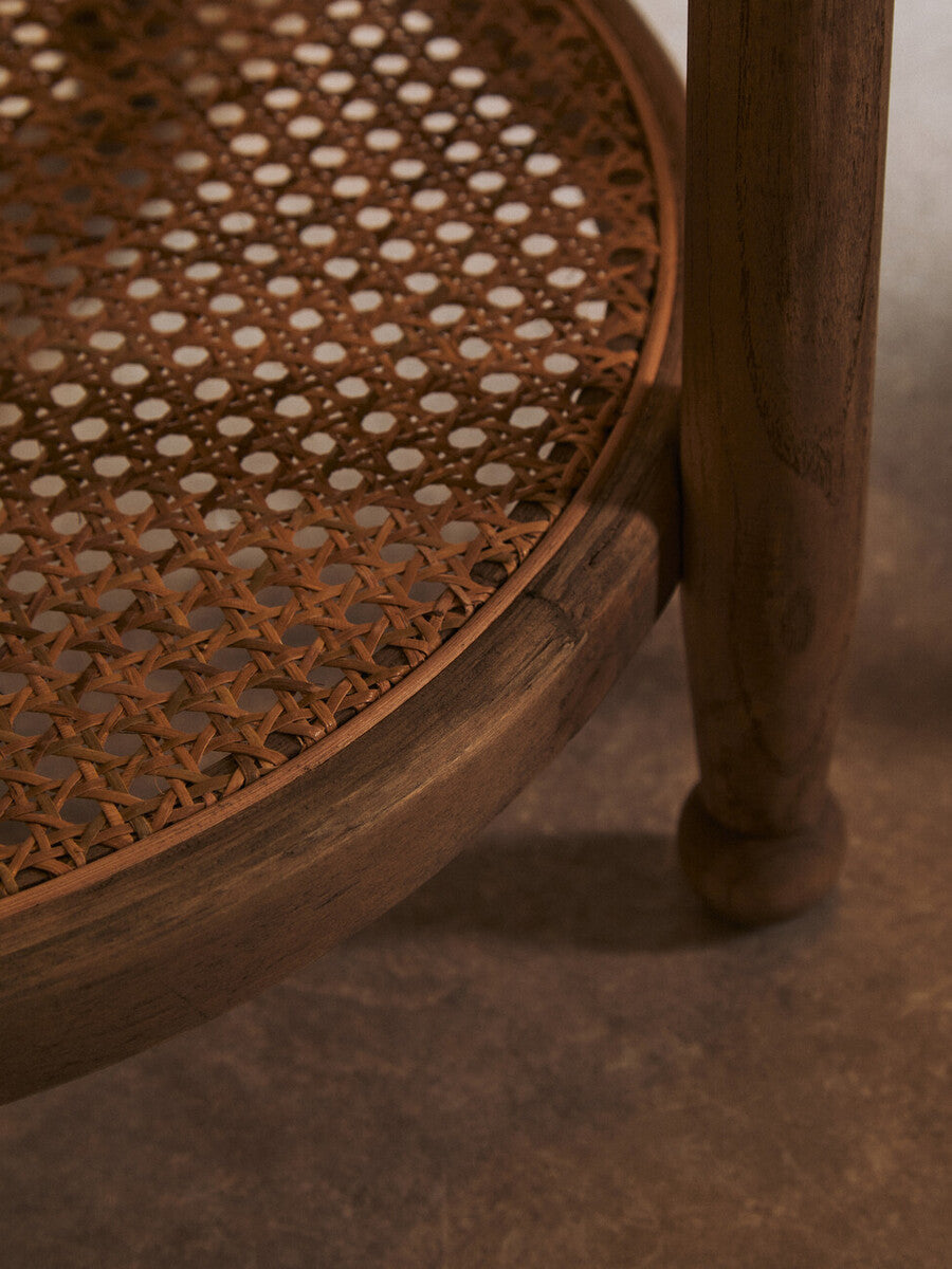Grey Wash Elm Wood Side Table with Glass Top and Cane Shelf, Cebu
