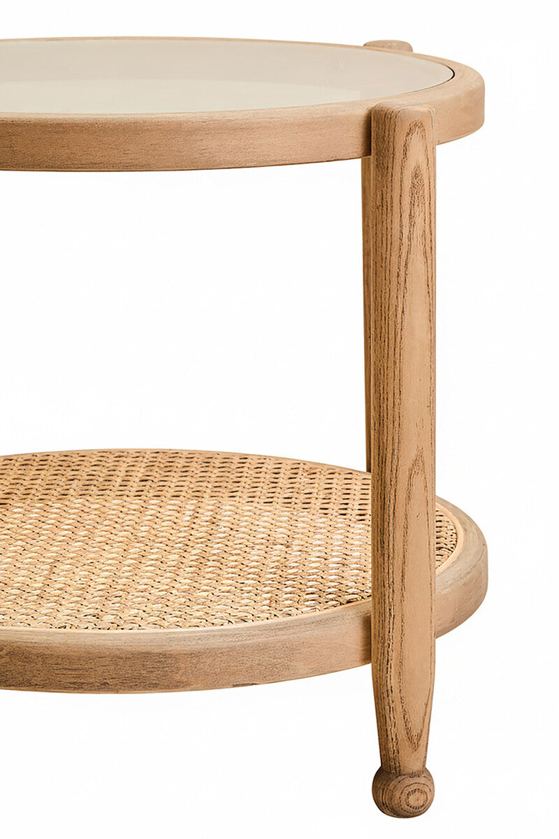 Grey Wash Elm Wood Side Table with Glass Top and Cane Shelf, Cebu