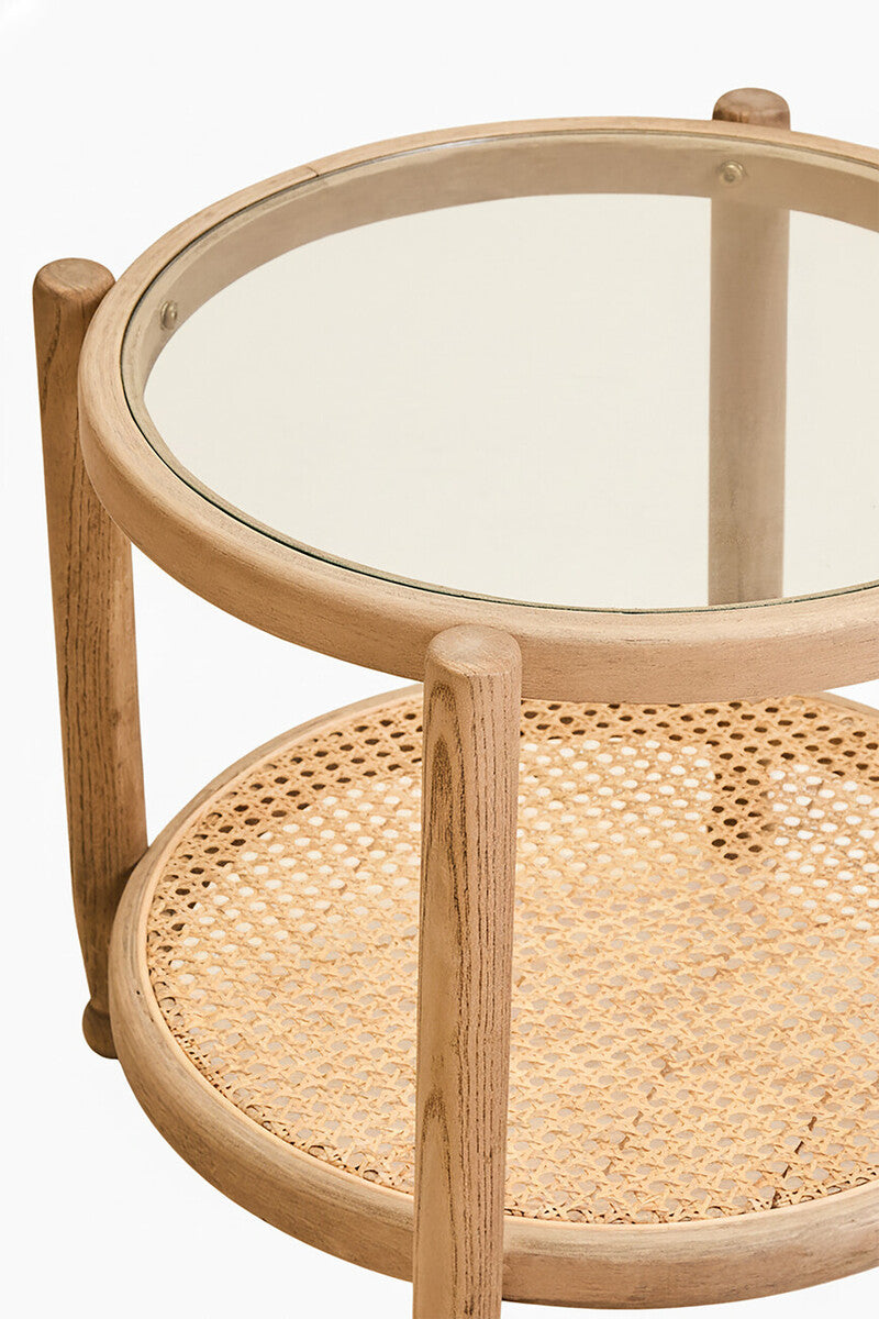 Grey Wash Elm Wood Side Table with Glass Top and Cane Shelf, Cebu
