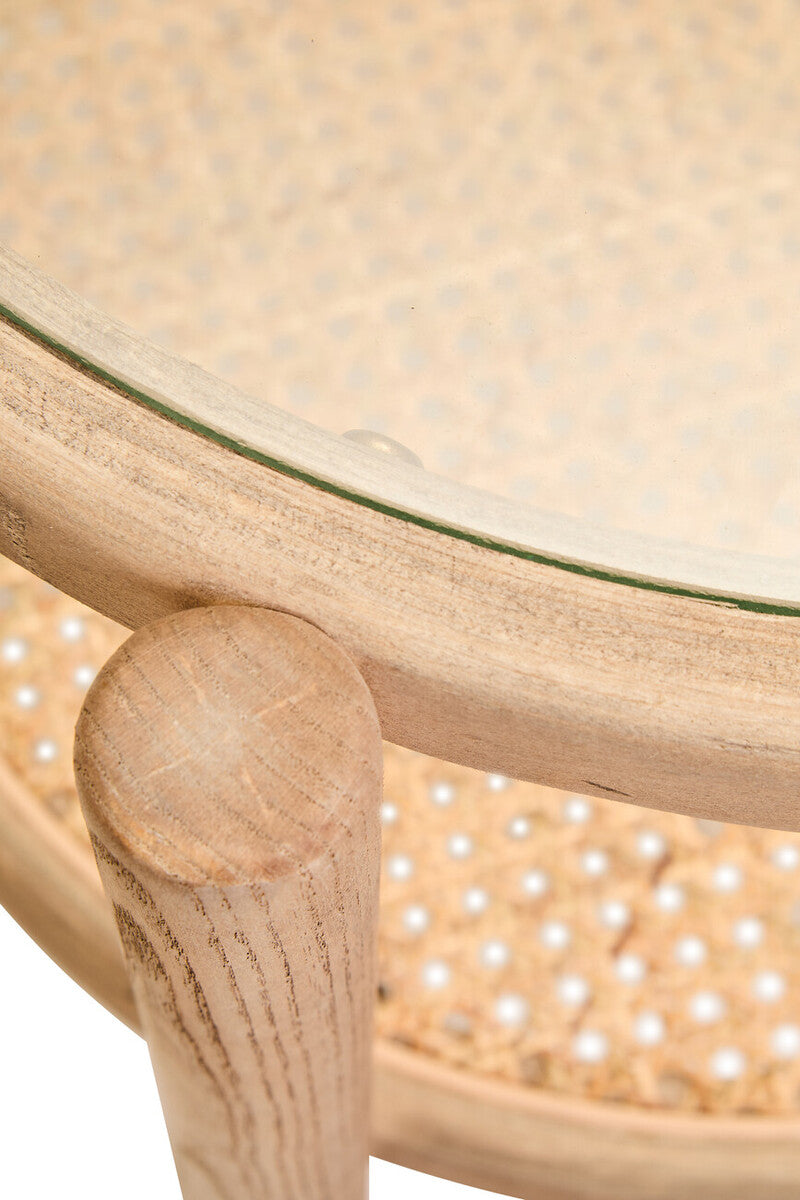 Grey Wash Elm Wood Side Table with Glass Top and Cane Shelf, Cebu