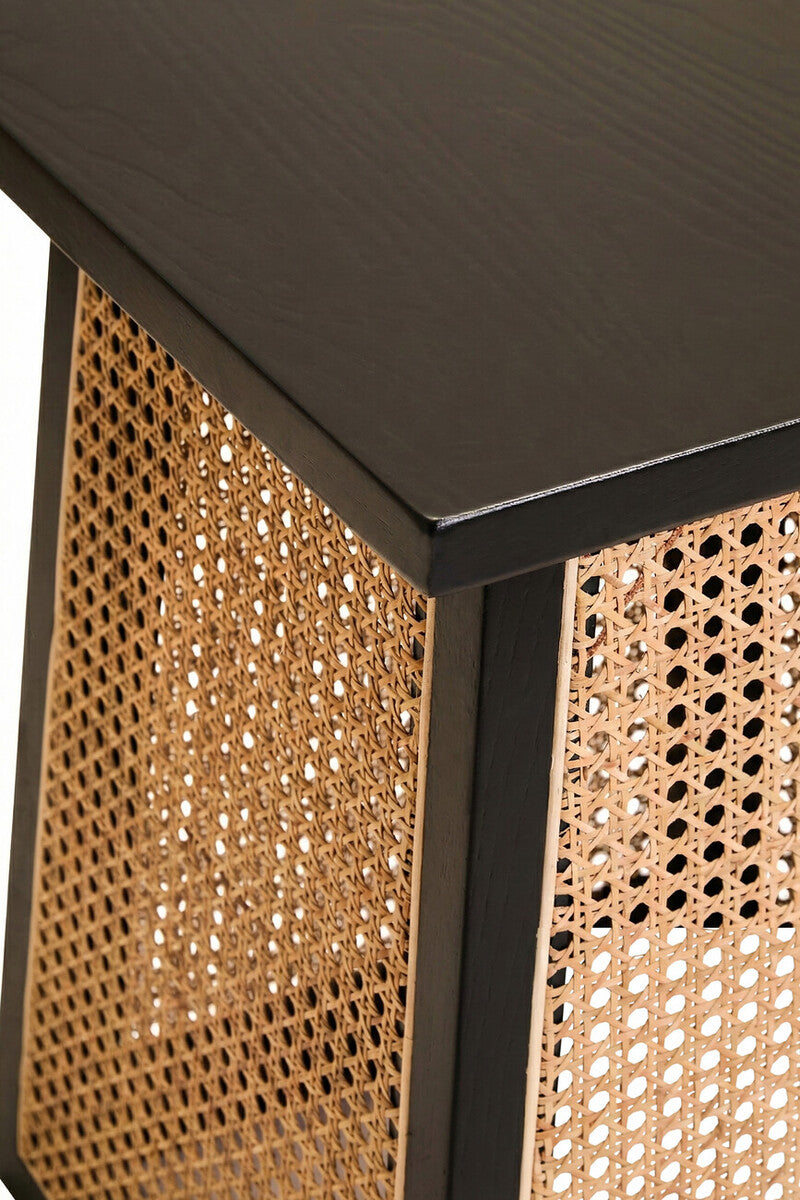 Black Elm Wood Side Table with Woven Natural Cane Panels, Cebu