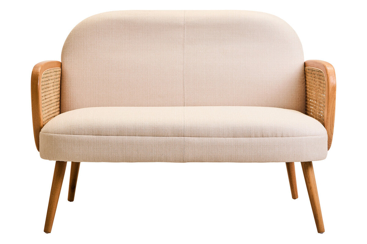 2 Seater Ivory Fabric and Cane Sofa with Elm Wood Legs, Cebu