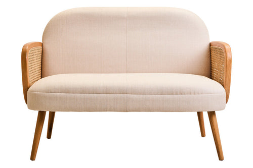 2 Seater Ivory Fabric and Cane Sofa with Elm Wood Legs, Cebu