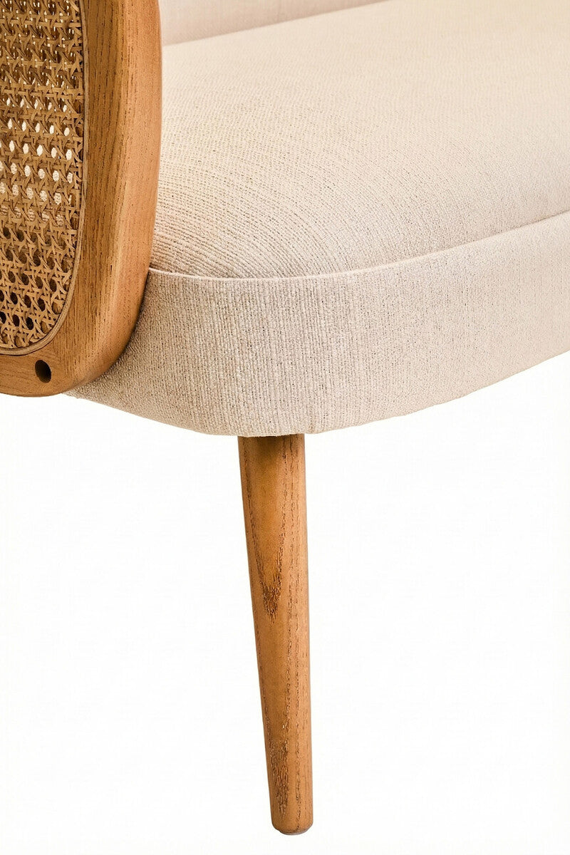 2 Seater Ivory Fabric and Cane Sofa with Elm Wood Legs, Cebu