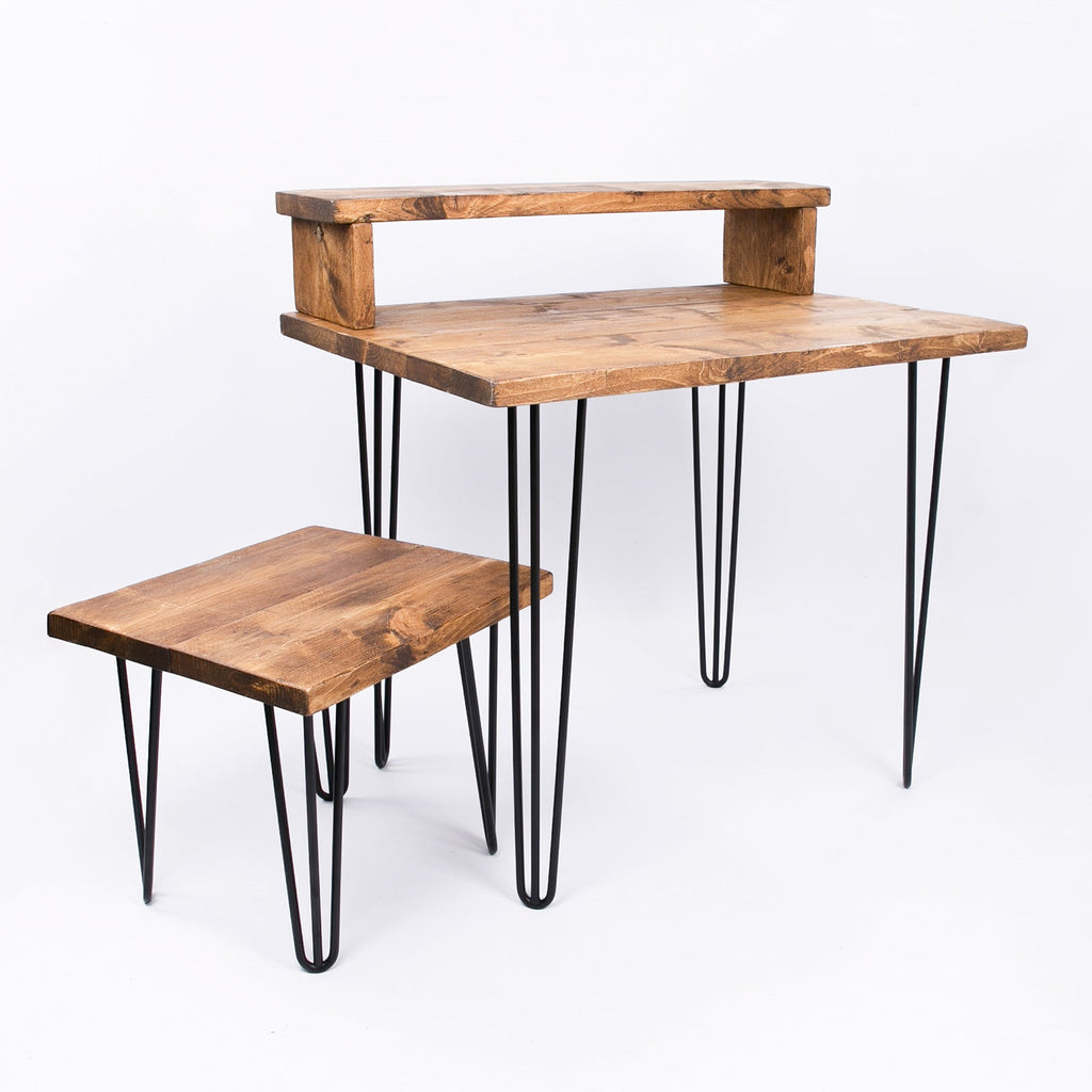 Industrial Office Desk & Stool - Rustic Hairpin Home Office Organiser