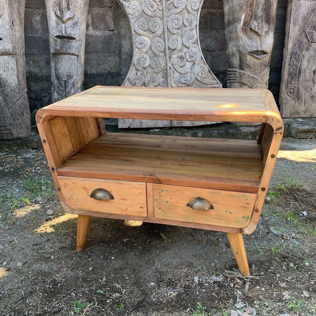 Recycled Teak Wood Small TV Stand with 2 Draws Round Length 81x49x41cm