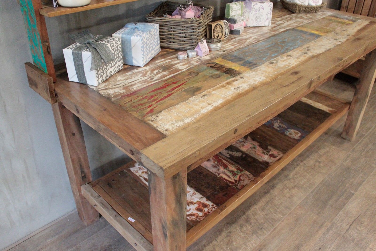 Recycled Teak Wood Dining Table with Top Shelf  220×80x80cm