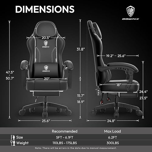 Dowinx Gaming Chair for Adults with Pocket Spring Cushion Computer Chair with Footrest and Massage Lumbar Support, Ergonomic High Back Video Game Chair for Office or Gaming, Black